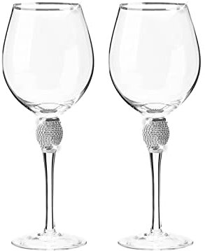 Juego de 2 copas de vino elegantes con diamantes de imitación para boda/fiesta, copa de vino tinto con diseño plateado brillante