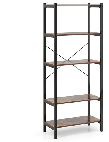 CASART 5-Tier Industrial Bookcase (Rustic Brown + Black, 66 x 34 x 160cm) | Freestanding Metal Frame Storage Rack Shelving Unit, Display Bookshelf Ladder Shelf Plant Stand for Office Study Living Room