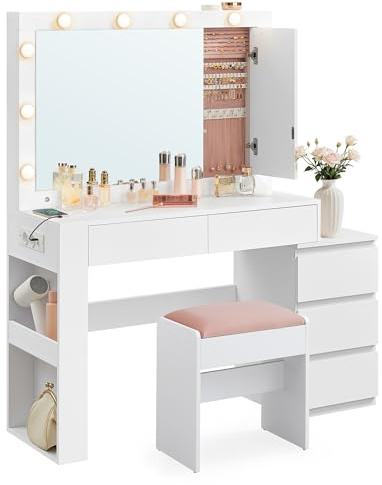 VASAGLE Schminktisch mit LED-Beleuchtung, Frisiertisch mit Spiegel, Hocker, Schmuckschrank, Steckdosenleiste, 40 x 125 x 140 cm, Kosmetiktisch, Schubladen, modern, wolkenweiß und pastellrosa RDT727W01