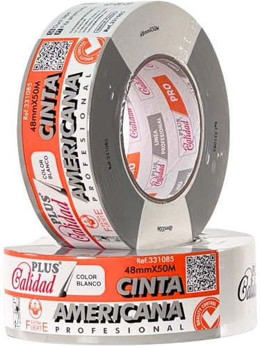 Plus Calidad Cinta Americana Blanca Extrafuerte 48mm x 50m x 0,2mm 2 Rollos | 48 mm x 50 m x 0,2 mm, reforzada con malla, resistente al agua y fácil de cortar a mano; ideal para reparaciones