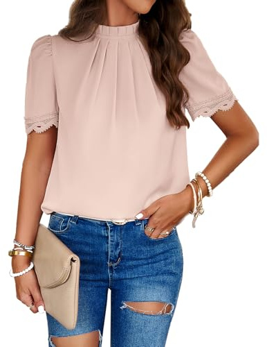 TcIFE Top Informal de Manga Corta con Encaje y Cuello Medio Alto de Color Liso para Mujer, Estilo Primavera-Verano