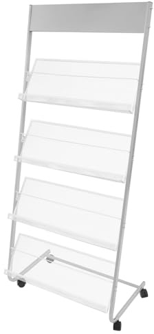 C-Juzarl Prospekthalter, Zeitschriftenständer mit Rollen, 4 Schicht Prospektständer, 63x36x148 cm, Stehend, Stahl, für Broschüren, Faltblätter und Zeitschriften (Silber)