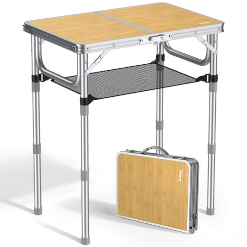 Anbte Tavolo da campeggio 58 x 40 cm, in alluminio, pieghevole, regolabile a 3 altezze, leggero, con rete di immagazzinaggio, in legno MDF, portatile, per campeggio, spiaggia, balcone (telaio argento)