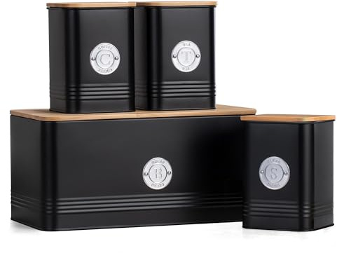 EHC Set of 4 Tea, Sugar, Coffee & Bread Bin Canisters Set, Kitchen Storage Jars with Lids, Containers Canisters Jars Set of 4, Black