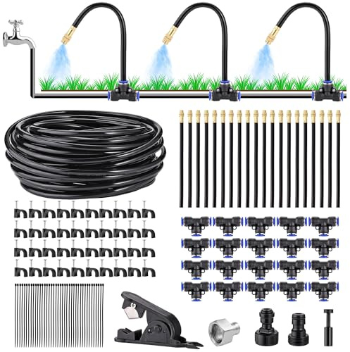 Automatic Drip Irrigation Kit 66FT(20m) - DIY Garden Watering System with 20Pcs 360°Adjustable Bendable Brass Mist Nozzles, Faucet Adapter, Hose & Cutters for Greenhouse Yard Cooling Humidifying