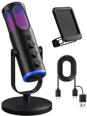 PUPGSIS Gaming Microphone for PC, Noise Cancellation Condenser Mic with RGB Lights, Mute, Monitoring, Pop Filter, Desktop-Mic for Streaming/Podcasting/Recording/Gaming Equipment, Plug & Play-Black