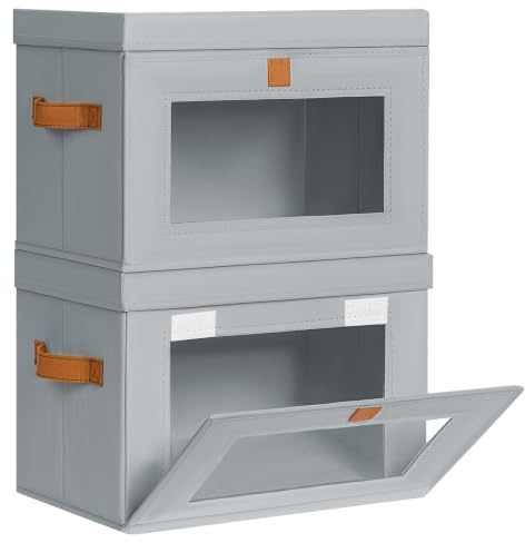 Homsorout Aufbewahrungsboxen mit Deckel - 2er Set Aufbewahrungskorb Stoff Faltbare Aufbewahrungsbox mit Transparentem Sichtfenster, 35 x 25 x 25 cm Faltbox für Kleidung, Würfelregal, Grau