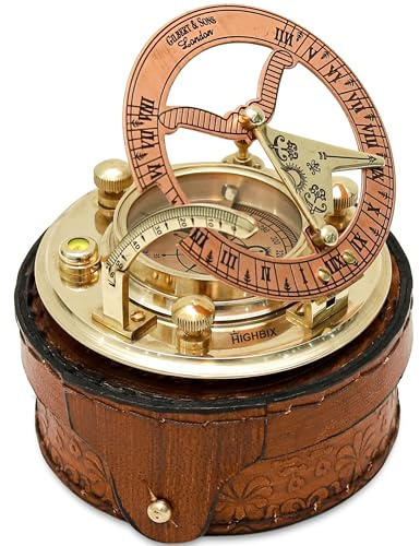 Gilbert - Bussola meridiana in ottone lucido con custodia in pelle, funzionale, vintage, regalo nautico per uomini, ragazzi, padri, compleanni, matrimoni, pensionamenti e occasioni religiose