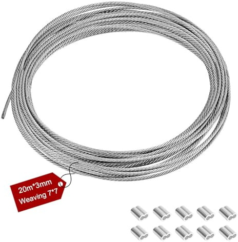 FINELYCR Cable de Acero 20 Metros ø3 MM, Cable Acero con Funda Protectora de PVC, Alambre Acero Inoxidable con 10 Sujetacables, para Tendedero, Cadena de Luces, Decoración de Jardín