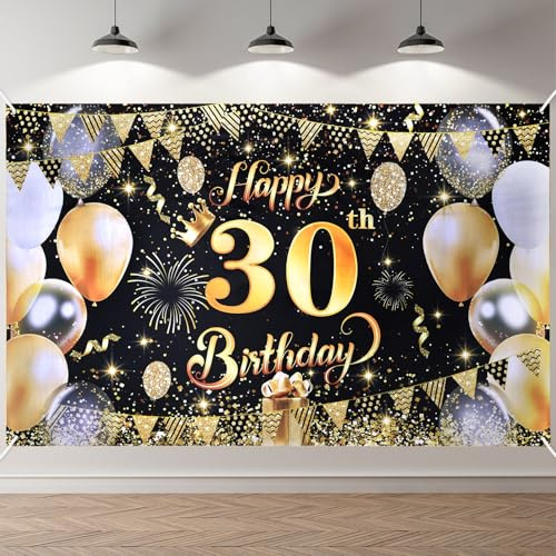 ANOMM 30.Geburtstag Banner Schwarzes-Gold, Happy Birthday Banner | 30.Geburtstag Dekoration für Drinnen und Draußen, Extra Groß Party Geburtstagsdeko Hintergrund (180 x 110 cm)