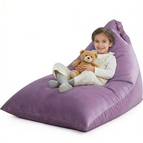 Nobildonna Bean Bag Chair for Kids, 250L Extra Large Stuffed Animal Storage Bean Bag, Premium Velvet Washable Beanbag Chair Cover (No Filler) Ultra Soft Triangular Lazy Sofa (Purple)