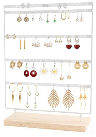 YALiya 110 Fori Porta Orecchini con Base in Legno, 5 Strati Espositore Orecchini, Espositore Gioielli in Metallo Bianco, Porta Orecchini Organizer, Supporto per Orecchini, per Casa, Cassettiera