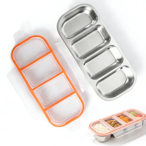 Kaiyzo Fiambrera Acero Inoxidable con 4 Compartimentos Loncheracon Tapa Hermética Fiambrera Contenedores de Alimentos Reutilizables Bento Box Snack Box Para Escuela Trabajo y Viajes 500ml