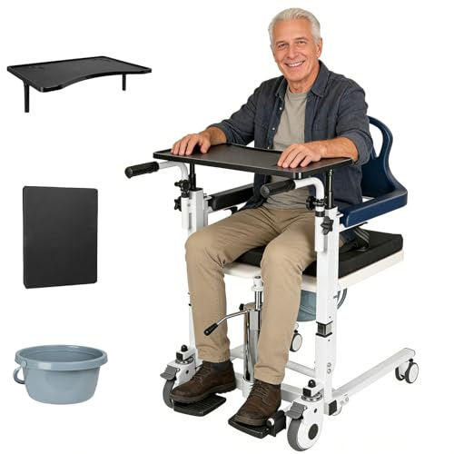mindmed 4 in 1 Hydraulic Patient Lift Transfer Chair, 180° Split Seat, 350lbs Capacity, Height Adjustable Nursing Wheelchair with Potty, Dining Table, for Elderly Disabled Home Care