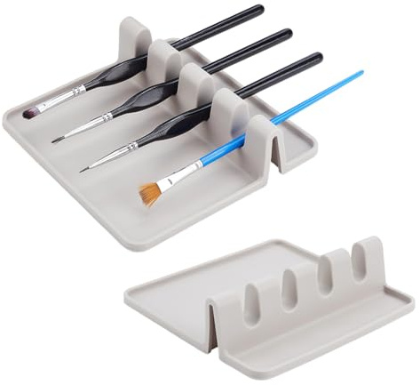AHANDMAKER 2 Packung Pinselhalter Malen Aus Silikon Pinselorganizer Mit 4 Fach Trockenablage Nagel Pinselhalter Waschbar Pinsel-Organizer-Ständer Für Pinsel Zubehör Für Aquarell Und Ölmalerei Grau