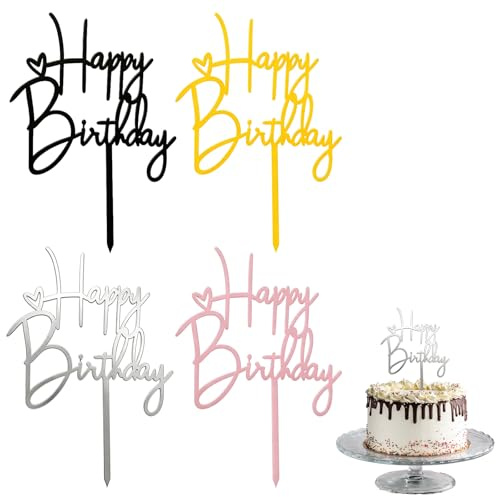 4 Stück Happy Birthday Tortendeko, Kuchen Torten Deko, Acryl Tortendeko Geburtstag, Cup Cake Topper Geburtstag für Happy Birthday deko Geburtstagsfeiern (Gold, Roségold, Silber, Schwarz)