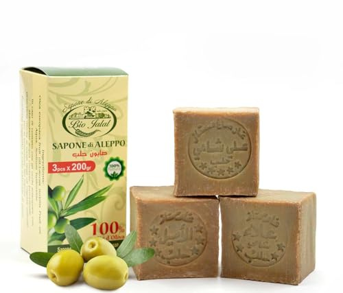 Sapone di Aleppo Originale 100% olio d’oliva puro 3 pezzi x 200 g sapone naturale vegano ideale per corpo capelli viso e mani prodotto Artigianale e vegano