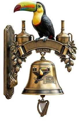 Campana di benvenuto in bronzo antico in ghisa, stile retrò tropicale con di vino e rilievo della vite, decorazione da appendere alla parete per portico da esterno in cortile, bar, taverna