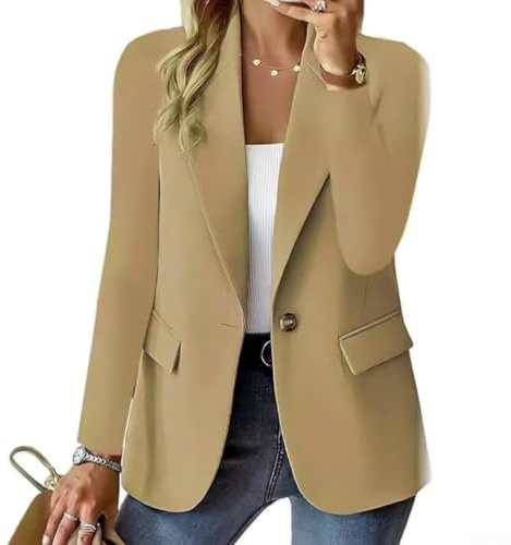Vardaglig enfärgad blazer för kvinnor långärmad med knapp och fickor, kostymjacka för daglig semester klubb vår sommar höst vinter (XL ljus kaki)