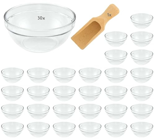 mikken Viva-Haushaltswaren - 30 kleine Glasschälchen Schälchen für Kochzutaten, Marmelade, Dips, Tapas etc. Ø 9 cm, inkl. 1 kleine Holzschaufel