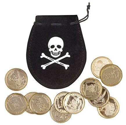 Boland 74300 - Piraten-Beutel mit 12 Goldmünzen, Größe ca. 10 cm, Schwarz, mit Kordelzug, Pirat, Mittelalter, Edelmann, Karneval, Halloween, Mottoparty