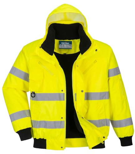 Portwest C467 3-in-1 Warnschutz-Pilotjacke 300D Oxford Polyester 8 Taschen | Gelb, XL, EN ISO 20471 Klasse 3, UPF 40+, EN 342, Strickbündchen An Ärmel, Abnehmbare Kapuze und Pelzkragen, Langarm