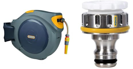 HOZELOCK - Wandschlauchbox Auto Reel 40 M: Automatische Aufrollung & Anschlußstücke Hahnstück PRO für Außenbereich für Außenhähne