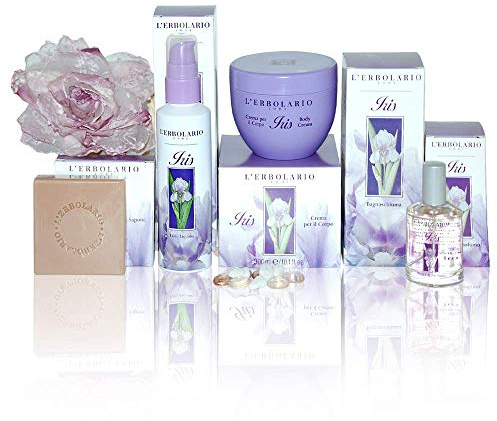 L' Erbolario - IRIS - Confezione Regalo in Scatola Originale (Bagnoschiuma 250 ml, Crema Corpo 300 ml, Profumo 50 ml, Sapone 100 gr) + in OMAGGIO Saponetta vegetale Florinda da 50 gr