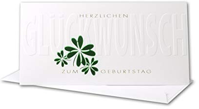 Geburtstagskarten Set 50 Stück mit Umschlag Weiß DIN LANG - Motiv Kleeblatt Grün - Fühlbare Blindprägung & Folienprägung - Glückwunschkarte Geburtstag Klappkarte