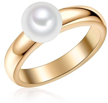 Valero Pearls Damen Ring Perlenring aus 925/- Sterling Silber gelbvergoldet | Süßwasser-Zuchtperle,Perlengröße 7,5-8 mm,Runde Form,weiß,Silberring,Damenring,Gold,14 Karat,echte Perle,Perlenschmuck