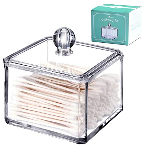 SheeChung Square Acrylic Qtip Holder, 1 Pack Bathroom Canisters with Lid