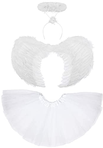 Set da 3 pezzi composto da ali d'angelo, aureola e tutù, di colore bianco, per costume da donna da angelo, fata e angelo caduto, per Halloween