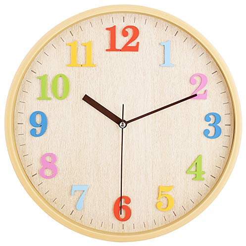 Topkey Horloge murale ronde silencieuse de 30,5 cm pour enfants - Chiffres arabes colorés - Facile à lire - Pour salon, chambre à coucher, école et maternelle - Chiffres de couleur