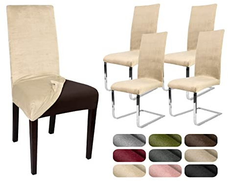 BEAUTEX Stuhlhussen Samt Stretch Stuhl & Schwingstuhl 4er Set Creme LEA | 95% Polyester, 5% Elasthan, weiche Velours-Oberfläche, Rundum-Gummizug, 30 °C waschbar, faltenarm, formstabil & langlebig
