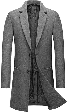 Allthemen Mens Mid Length Trench Coat Winter Thick Coat | Mens Lapel Collar Warm Coat Business Casual Slim Fit Overcoat Solid Single Breasted Outerwear for Wedding