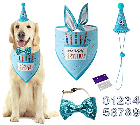 Hundegeburtstagsmütze Bandana – Hundegeburtstagsparty Zubehör Geburtstagshundemütze mit Zahlen Hundebandana (Blau)