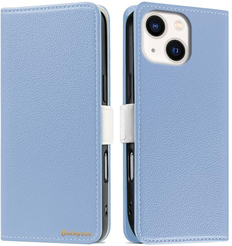 Butnyeoe Handyhülle für iPhone 13 Klappbar Hülle,Litschi Textur Leder Wallet Schutzhülle Tasche Flip Cover Case,Magnetic Closure Klapphülle mit Kartenfach Standfunktion,Helles Blau