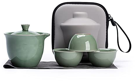Celadon Travel Tea Set Bärbar Tekanna Infuser Set Löst Te, Present Te Set Kinesisk Tekanna med Infuser Och 3 koppar Keramisk Bärbar Travel Kaffe Te Set,Blue