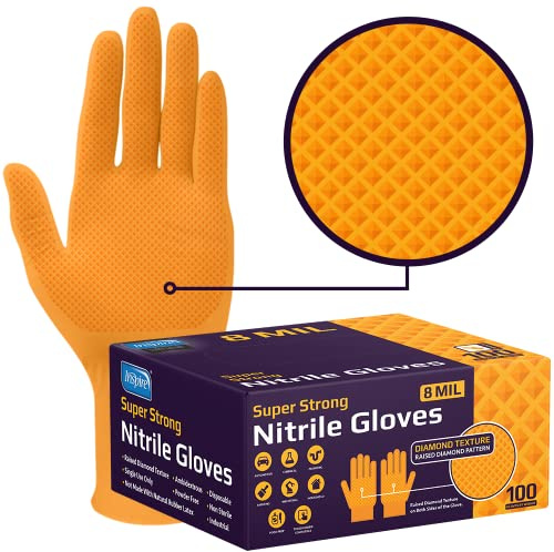 Inspire Heavy Duty Orange Nitrile Gloves | ULTRA 8 Mil Diamond Textured Grip | Industrial Mechanic Disposable Cleaning Gloves Medium, 100 Count