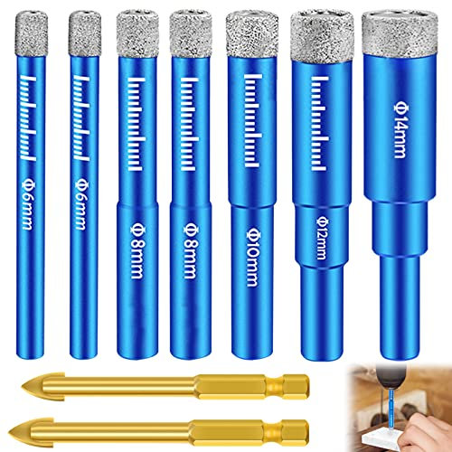 Fliesenbohrer Glasbohrer Diamantbohrer,9 Stk Diamant Bohrer Set,6/6/8/8/10/12/14mm Bohrer Feinsteinzeug & 6/8mm Karbidbohrer,Fliesen Bohrer für Glas,Porzellan,Fliesen,Keramik,Granit Marmor uvm