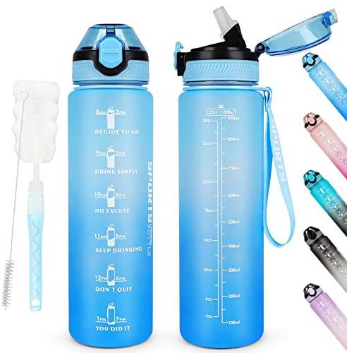 AOHAN Trinkflasche 1L BPA-frei Sport Wasserflaschen mit Stroh, Spülmaschinensichere Verschlussdeckel Auslaufsichere Motivierende Sportflasche mit Zeitmarkierungen für Sport