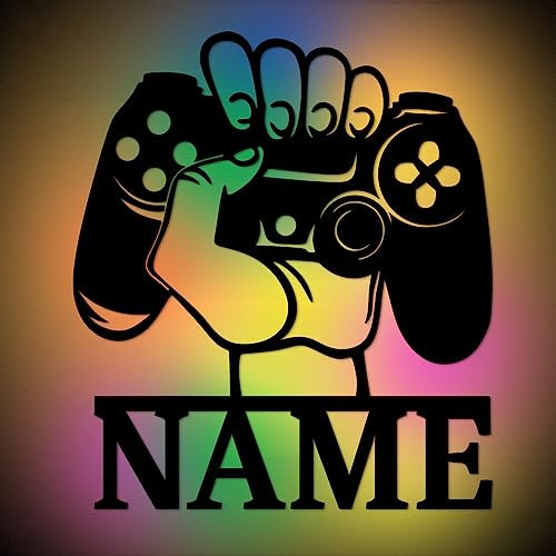 Urhome Gaming Controller Hand Stimmungslicht LED RGB Farbwechsel USB + Fernbedienung - Name personalisiert - Holz Zimmer Beleuchtung Gamer Lampe Wanddeko für Kinder Jungen Männer PC Konsole Spieler