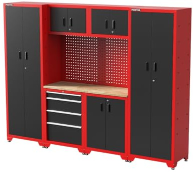 FEISTOS Werkstatteinrichtung | Werkzeugschrank Juno 14 | inkl. Lochwand | Schwarz/Rot | 264x46x198 cm