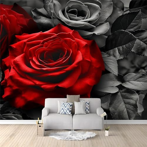 Photo Wallpaper - 350 x 256 cm Black and Red Roses Non-Woven Premium Fleece Wall Mural - Modern Fashion Art Print Bedroom Living Room Decoration Poster