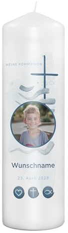 PhotoFancy® - Personalisierte Kommunionkerze - Fotokerze mit eigenem Foto/Text bedrucken lassen - Kerze mit Kommunions-Design: Segenslicht - 29 cm Höhe