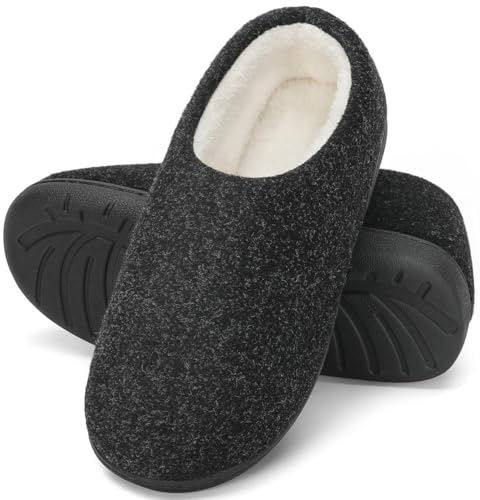 Mishansha Herren Filz Hausschuhe Winter Wärme Memory Foam Pantoffeln rutschfeste Plüsch Harte Sohle Slippers für Indoor & Outdoor, Tinte Schwarz, 42/43 EU