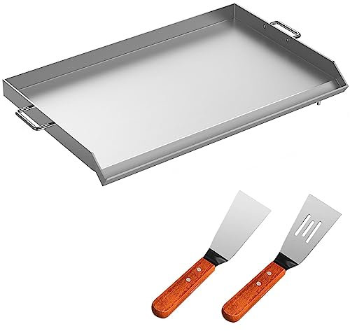 sjdoPulse Universal Stainless Steel Griddle, 32X17 Flat Top Plate With 2 Handles And Grease Groove For Bbq Charcoal/Gas Grill - Ideal For Camping, Tailgating And Parties