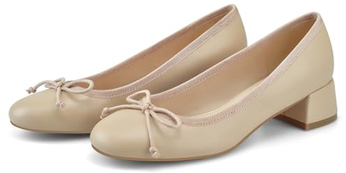 MIRAAZZURRA Pumps Women's Block Heel Round Toe Ballet Flats Women's Ballet Pumps with Bow Round Toe Block Heeled Pump Low Heel Slip On Shoes for Leisure Fashion Casual Business Work, beige, 5 UK