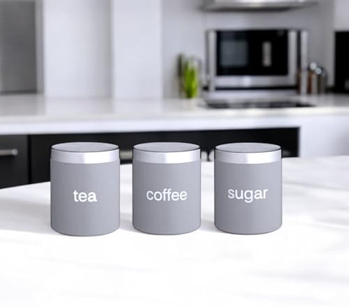 HOMELOX Set of 3 Kitchen Storage Canisters Jar Pots for Tea Coffee Sugar - Grey