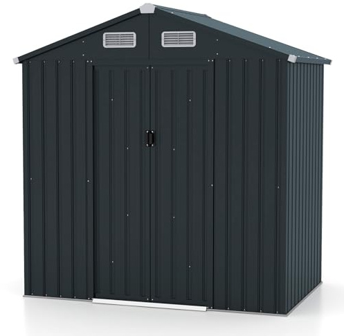 GOPLUS 2,16m² Abri de Jardin 4,26m³, Abri à Outils avec Toit Incliné, Portes Coulissantes, Aérations, Résistant aux Intempéries, Cadre en Acier Galvanisé Antirouille, pour Jardin, Arrière-Cour